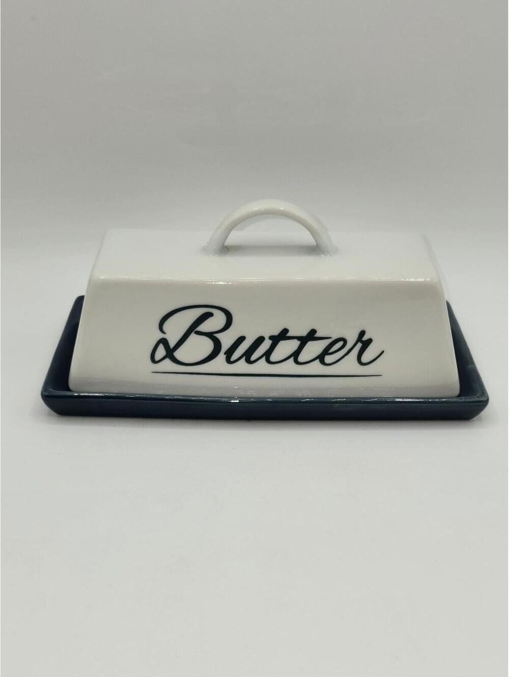 Vintage Ceramic Butter Dish Blue Tray White Lid Script Butter Farmhouse Kitchen
